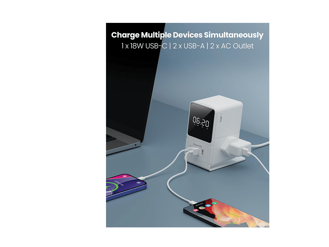 Moxedo Multi- Function 3250W Desktop Charging Hub 2 AC Socket and 3 USB Ports Power Strip 20W USB-C Port 18W QC Port with Wireless Bluetooth Speaker Digital Alarm Clock in Qatar Moxedo Multi- Function 3250W Desktop Charging Hub 2 AC Socket and 3 USB Ports Power Strip 20W USB-C Port 18W QC Port with Wireless Bluetooth Speaker Digital Alarm Clock in Qatar